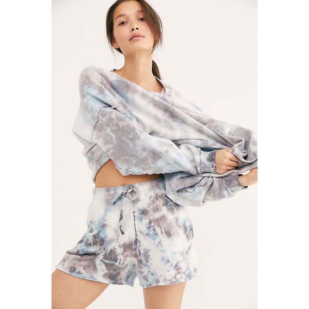 Free People Kelly Washed Tie Dye PJ Sleep Set in Ocean Blue Grey S Bottom XS Top